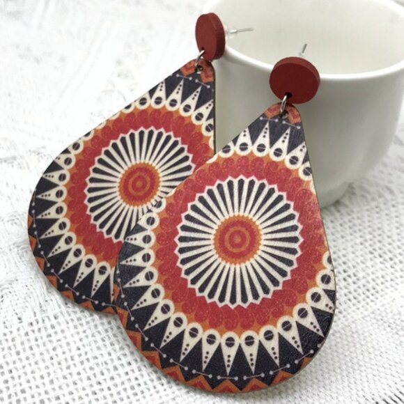 Flower Painting Big Drop shaped Pendant Earrings - Picture 1 of 3